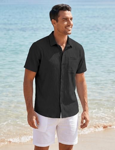 MAGNIVIT Mens Short Sleeve Shirts Button Up Men's Summer Casual Beach Shirts Business Wedding Textured Black Shirt — view 3