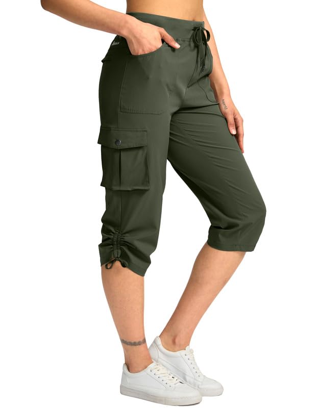 Pudolla Women's Cargo Capri Pants Hiking Travel Casual Capris with 5 Pocket