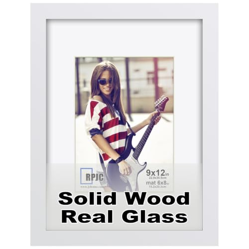 RPJC 9 x 12 Picture Frames Made of Solid Wood and High Definition Glass Display Pictures 6x8 with Mat or 9x12 Without Mat for Wall Mounting Photo Frame White