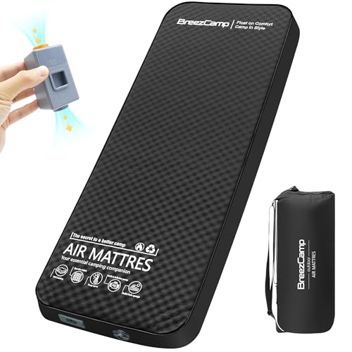 BreezCamp Self-Inflating Sleeping Pad with Electric Pump - 4" Thick Memory Foam Camp Mattress, 9.5 R-Value Insulated Air Bed for All Seasons