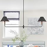VANZARLA Modern Black Linear Chandelier, 2-Light Kitchen Island Light Fixture with Leather lampshades, Rustic Pendant Light for Dining Room Bedroom Entryway