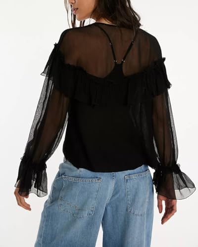 Boho Lace Bow Tie Front Top for Women Cute Sheer Ruffle Flowy Long Sleeve Shirts Coquette V Neck Button Down Blouse3