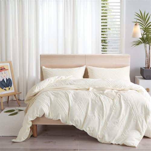 Freyamy Weiß Seersucker Bettwäsche 135×200 4tlg,Glanz Luxus Glatt Bettwäsche Sets,Chic Geometrische Sommerbettwäsche,Boho Microfaser Texturierte Atmungsaktive 2 Bettbezüge + 2 Kissenbezug 80×80