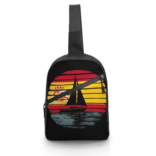 Spanish Flag Sailing Sailboat Ship Chest Bag Foldable Crossbody Unisex Pack Travel Hiking Adjustable Shoulder Straps Sling Bags