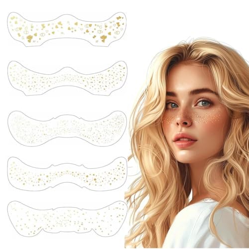 KEWUF 5 tatuaggi a lentiggini in oro e argento, con brillantini per il trucco, temporanei sparkle freckles, stelle per il viso, per feste, carnevale, glitter freckles, freckles henne nero tatuaggi