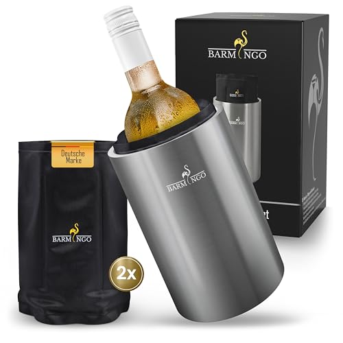 BARMINGO Weinkühler Edelstahl mit Kühlakkus – Getränkekühler & Flaschenkühler für Wein, Sekt, Champagner | Sektkühler doppelwandig mit Kühlmanschetten | Wine Cooler/Wein Kühler, Silber