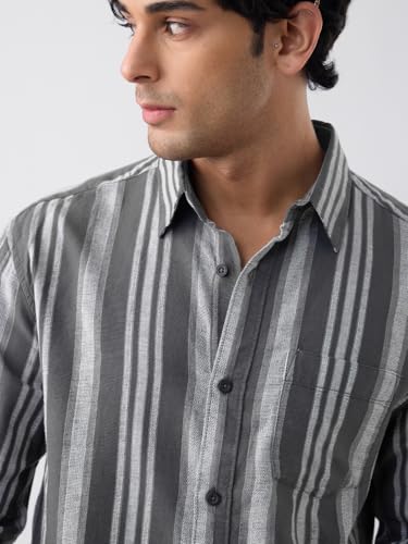 Image of The Souled Store Cotton Linen Stripes: Apricot Men and Boys Long Sleeves Collared Neck Orange Stripes Regular Fit Lightweight Comfortable Summer Cotton Linen Shirts