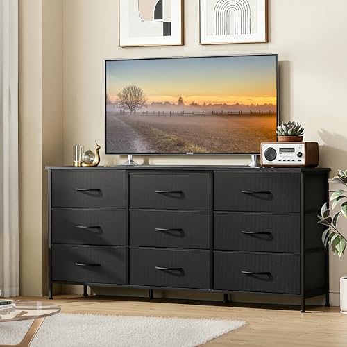 63''W Black TV Stand for 65, 70, 75 inch TV, Large Entertainment Center with 9 Fabric Drawer, TV Media Console Table with Wood Top, Adjustable Feet for Living Room, Hallway - Image 3