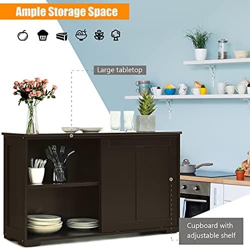 COSTWAY Wooden Storage Cabinet, Buffet Sideboard Server Table with Sliding Door and Adjustable Shelf, Console Cupboard Display Organiser Unit for Home Kitchen Living Room (Brown, without glass)