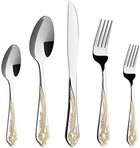 Gold Silverware Set, 20 Piece Stainless Steel Golden Flatware Set for 4, Silver Tableware Set with 24K Gold-Plated Trim, Eating Utensils, Great for Family Gatherings & Daily Use(Prestige)