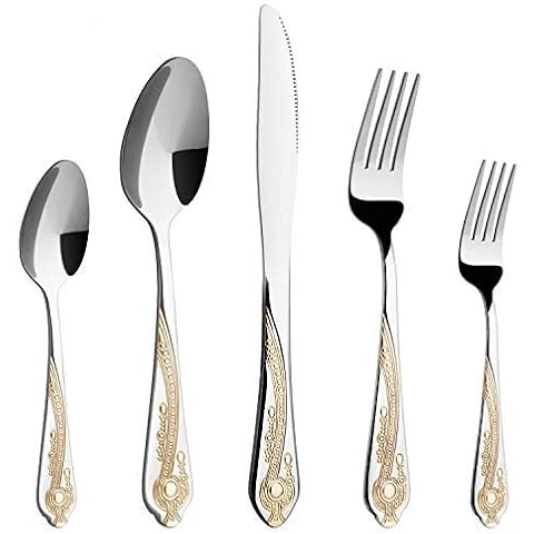 Gold Silverware Set, HF HOFTEN 20 Piece Stainless Steel Golden Flatware Set for 4, Silver Tableware Set with 24K Gold-Plated Trim, Tableware Eating Utensils, Great for Family Gatherings & Daily Use Cover