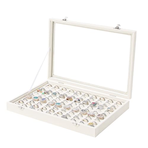 Coward Ring Organizer Jewelry Box, Beige Velvet 100 Slots Ring Display Tray Case with Transparent Glass Lid for Home Use or Store Selling Show