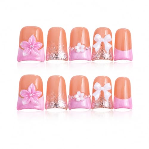 IntoVibes 10 Pieces Luxury Y2K Acrylic Press On Nails Short Handmade Duck Nails, Pink Thickened French False Nails With Flowers And Bowknot, Reusable Fake Nails (L)