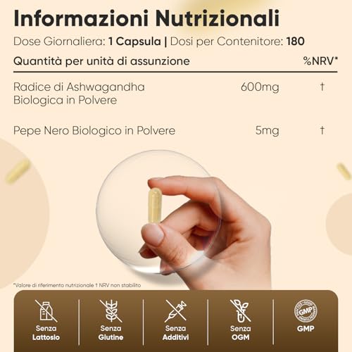 Ashwagandha E Pepe Nero Bio E Vegano, 180 Capsule, 1 Al Giorno Per 6 Mesi, Ashwagandha Capsule Biologiche Certificate Dalla Soil Association, Withania Somnifera (Ginseng Indiano), Prodotto In Europa - 5