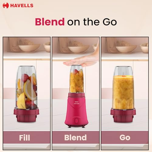 Image of Havells Nutri Power Blender 350 W Mixer Grinder| 1 Speed Switch| Leak Free Sipper Lid| Air Vent Technology| Stainless Steel Blade| 2Yrs Manufacturer Warranty (Pink)