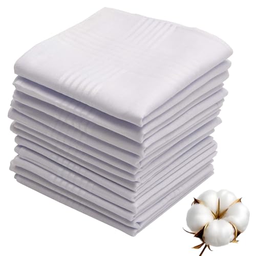 100% Cotton Handkerchiefs for Men - 16x16 Inch White Handkerchiefs, Classic Style, Aggressively Absorbing & Machine Washable -12 Pcs Premium Pocket Squares for Men