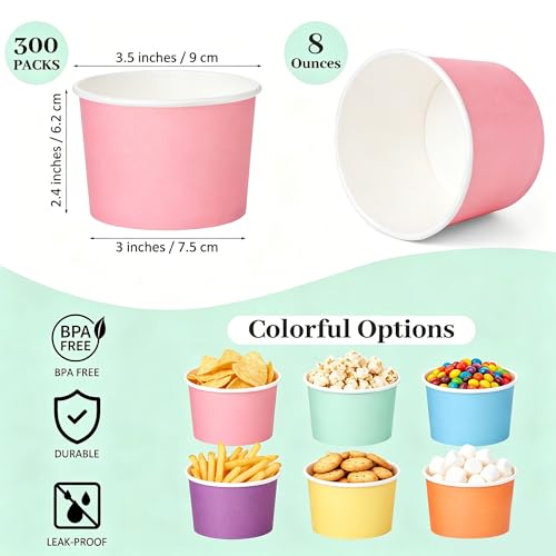 Aodaer 300 Pieces Disposable Paper Cups 8 oz Dessert Cups Ice Cream Bowls Snack Cups Treat Yogurt Soup Containers Hot and Cold Food Party Decoration for Birthday Picnic Summer School Party, 6 Color by Aodaer - Used condition - Image 2