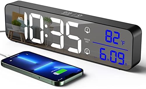 Zgrmbo Digital Clock for Bedrooms, 2400mAh Battery Powered/Plug-in Digital Alarm Clock, Digital Day Calendar Clock, Chargable Desk Digital Clock, Snooze Mode, Custom Brightness, Voice-Activated Mode