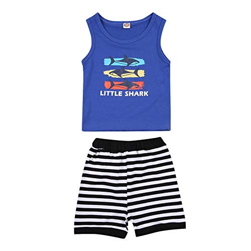 Summer Toddler Baby Boy Clothes Set Striped Outfit Little Shark Sleeveless Cotton Tops+Elastic Shorts 2PCS (Little Shark Blue, 18-24 Months)