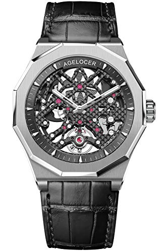 agelocer Reloj para hombre con doble esqueleto automático, bisel de cerámica de 41 mm, reserva de energía de 80 horas, luminoso, correa de cocodrilo/correa de goma, relojes de negocios para hombre agelocer Reloj para hombre con doble esqueleto automático, bisel de cerámica de 41 mm, reserva de energía de 80 horas, luminoso, correa de cocodrilo/correa de goma, relojes de negocios para hombre