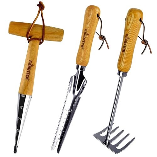 Gardtech Garden Tool Set, Made by Real Ash Wood Handle and Thicken Stainless Steel- 3 Pcs Including Garden Hand Trowel, Transplant, Cultivator-Gardening Gifts for Gardener