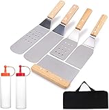 Yesland 7 STK. Grillspachtel Set, Edelstahl Flat-Top-Grillbesteck mit Holzgriff, BBQ Zubehör Grillwender mit Bürstenflaschen und Tragetasche, Idee für Grillen im Freien, Teppanyaki und Camping