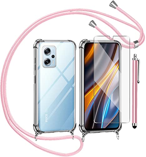 Funda con Cuerda para Xiaomi Poco X4 GT 5G y Cristal Templado Protector de Pantalla,Transparente Suave Silicona Carcasa, Ajustable Cordon Collar Colgante Antigolpes Case, Rosa Cover