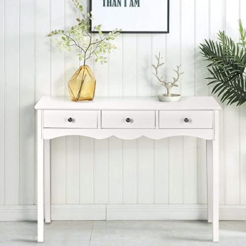 CASART 3 Drawer Console Table, Wooden Narrow Sofa Side Hall Desk, Modern Accent Dressing Table for Living Room, Bedroom and Entryway (White)