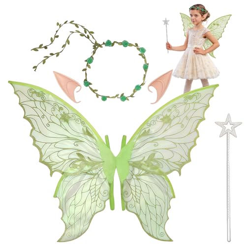 SSKHE 4 peças Fairy Wings Set, asas de borboleta, orelhas de lfo, paus mágicos, cintos de cabeça de flor, adequados para festas temáticas de Natal e Halloween (verde)