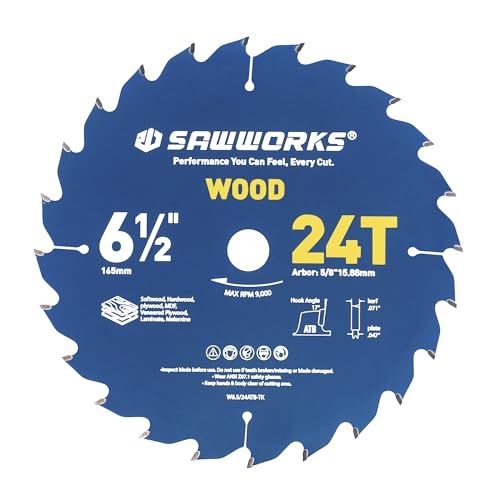 SawWorks 6-1/2 Inch 24T Thin Kerf Circular Saw Blade, ATB Carbide Tipped, 5/8" Arbor, Wood Cutting Saw Blade for Softwood Hardwood Plywood MDF Laminate Melamine, Framing Decking & General Construction