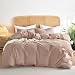 Wake In Cloud - Washed Cotton Duvet Cover Set, Yarn Dyed Plain Solid Color, Comfy and Soft Bedding with Zipper Closure and Corner Ties (3pcs, Dusty Bean Paste, Full Size)