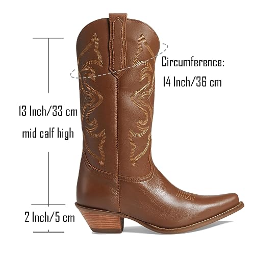 Image of LEHOOR Cowboy Boots Women Embroidered Mid Calf Western Boots Stacked Low Heel Pointed Toe Pull On Cowgirl Boot 4-11 M US