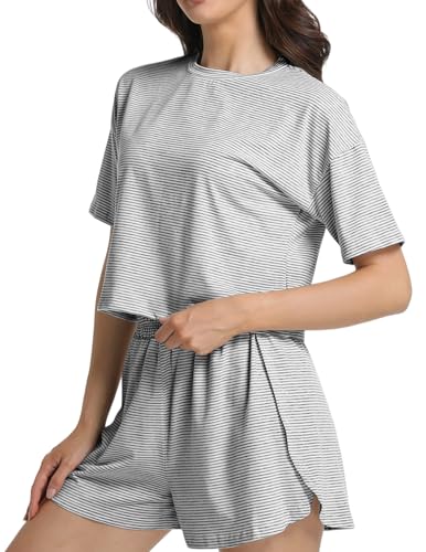 Image of Split Short Pajama Set Soft Women's Striped Pajama Sleeve Tee & Elastic Waist Shorts Lounge Sleepwear