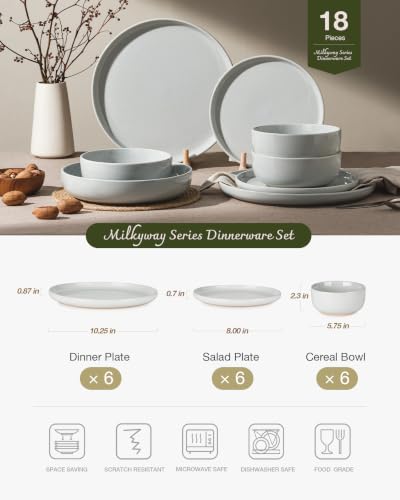 Image of Famiware Milkyway Plates and Bowls Set, 18 Pieces Dinnerware Sets, Dishes Set for 6, Light Gray