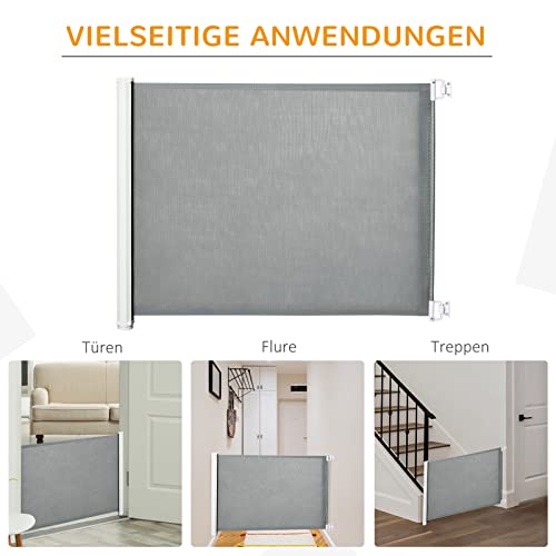 PawHut Hunde Türschutzgitter Treppenschutzgitter Treppenschutz Sicherheitstrennwand Trennwand Türschutz Treppenschutzgitter ausziehbar treppenschutzrollo Rollo Einrollbar PVC Grau 115 x 82,5 cm