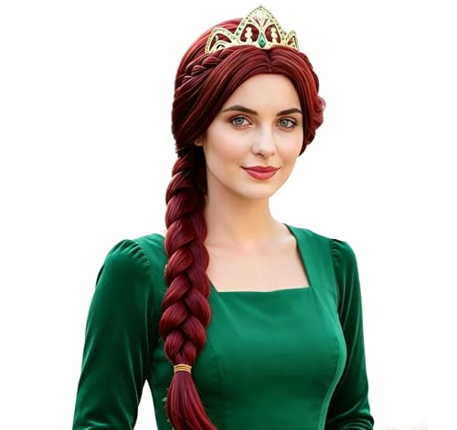 KiyaCos Fiona Long Dark Red Braided Wigs Women's Princess Costume Cosplay Wig with Bangs