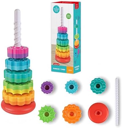 FineSource Plastic Rainbow Stacker Toddler Spinning Toy Early Intervention Toys Stacking Rings Toy Learning Toys for 12 MonthsBaby Boys Girls (12)