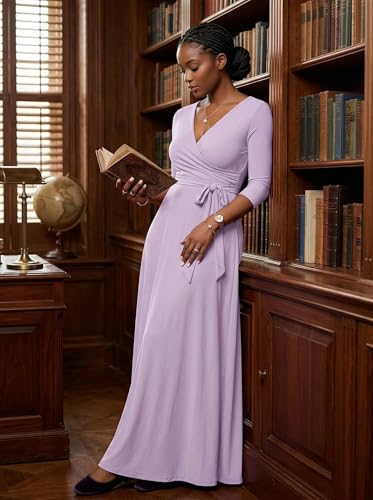 Image of PinkPatty Plus Size Maxi Dresses for Women Casual Flowy Long Dress 3 /4 Sleeve V Neck Wrap Dress with Belt