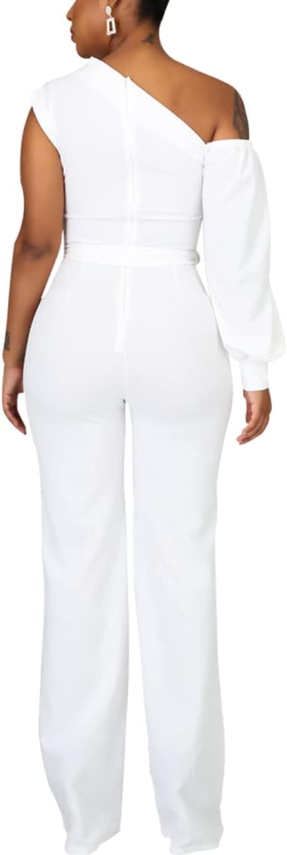 JTNFairy Women's Summer One Shoulder Dressy Stretchy Jumpsuit Casual High Waist Wrap Jumpsuit with Pockets - Image 3