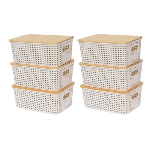 Contenedor de almacenamiento de - Contenedores apilables con tapa de bambú de 10,04 pulgadas, 6 cajas de almacenamiento con asas, cestas organizadoras a prueba de polvo para armarios de
