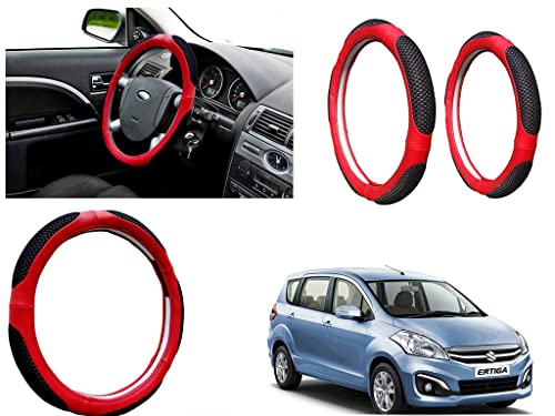 Image of Microfiber Car Steering Wheel Cover, Soft Padding Great Hand Feel, Anti-Slip, Faux Leather Steering Cover for Maruti Suzuki Ertiga Type2 | Black Red Jali - Pack of 1