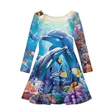 Guosanchn Ocean Dolphin Dresses for Girls 5-6T Little Girls A-line Twirly Swing Dresses Long Sleeve Madi Dresses Casual Fall Clothes Back to School Party Dresses