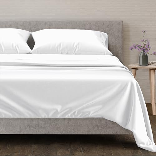 Mayfair Linen 100% Egyptian Cotton Queen Size Sheets Set – 4 PC Luxury Set, 600 Thread Count Egyptian Cotton Sheets Queen Size (White), Soft, Cooling, 16″ Deep Pocket Sateen Weave Hotel Bedsheet