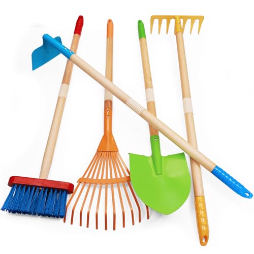 CHEERBANK Kids Garden Tools, Outdoor Toys, Shovel for Digging Sand, Kid-Sized Rake, 5PCS 27.6 Inch Long Gardening Tools for Boys Girls Age 3 and up Gifts