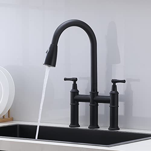 Comllen Matte Black Bridge Kitchen Faucet With Pull Down Sprayer, 3 Hole Farmhouse Kitchen Sink Faucet Black 8 Inch 2 Handle Stainless Steel Country Kitchen Faucets For Kitchen Sink #TOP12