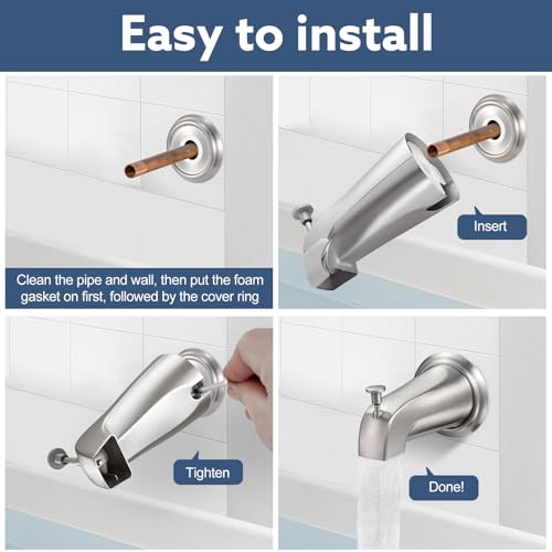 Tub Spout with Diverter, Slip-Fit Bathtub Faucet Replacement for 1/2\" Copper Pipe, Includes Metal Cover Ring (Brushed Nickel)