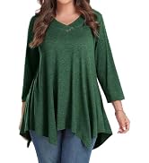 MONNURO Women's Plus Size 3/4 Sleeve V-Neck Tunic Top - Casual Loose Swing Shirt, Navy Blue