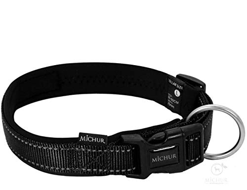 Michur Collar para Perros Ruben Negro, Neopreno Forrado Reflectante de Nylon Robusto, Collar para Perros Collar de Nylon