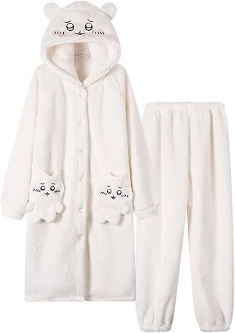 Cartoon Fuzzy Pajamas Set for Women Long Plush Robes and Fleece Pj Pants 2 Piece Lounge Set Warm Sleepwear Housecoat
