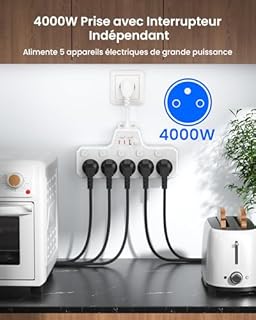 Multiprise avec Interrupteur Individuel,Multiprise Electrique 5 Prises Française avec Terre 16A 2P+T,Prise Multiple Murale avec USB C Charge Rapide PD20W,Bloc Rallonge Parafoudre Câble Court,Blanc